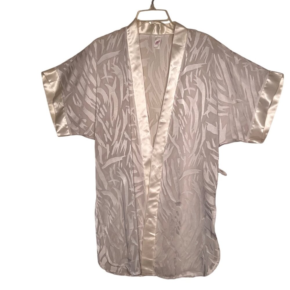 F. Boló, inc. Sheer White Kimono-Style Robe Satin Trim & Abstract USA-Made  M/L